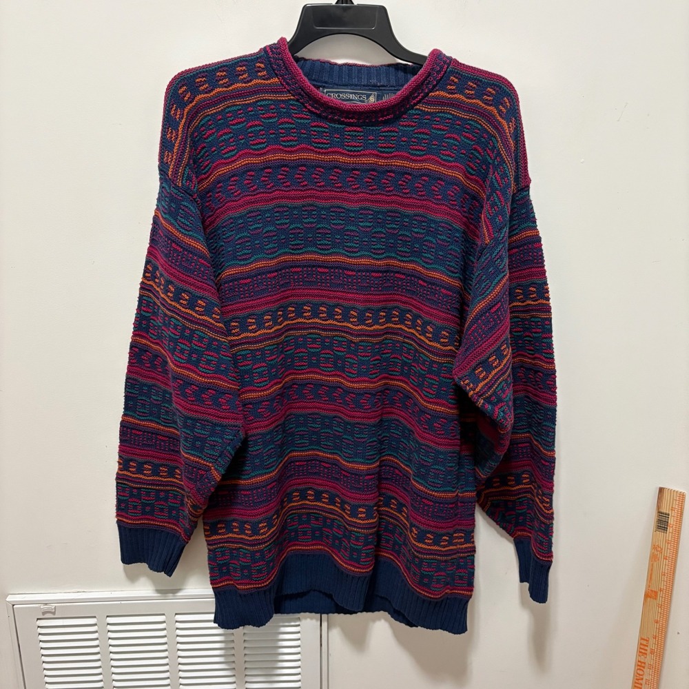 Crossings Vintage Knit Tunic Sweater Womens Multicolor Med Geometric Cotton Top